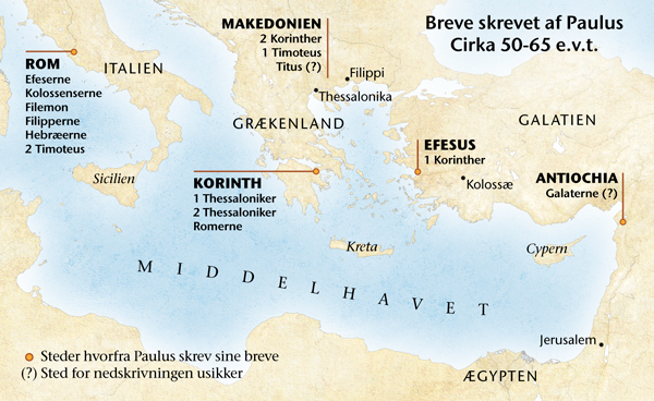 Kort over de steder Paulus befandt sig da han skrev sine breve