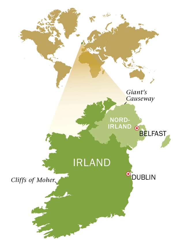 Et kort over Den Irske Republik og Nordirland