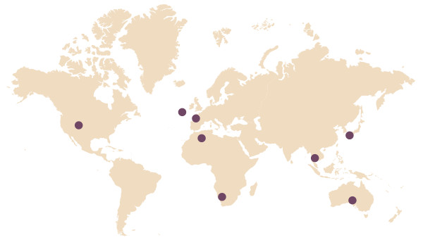 Et kort der fremhæver Australien, Frankrig, Irland, Japan, Sydafrika, Tunesien, USA og Vietnam