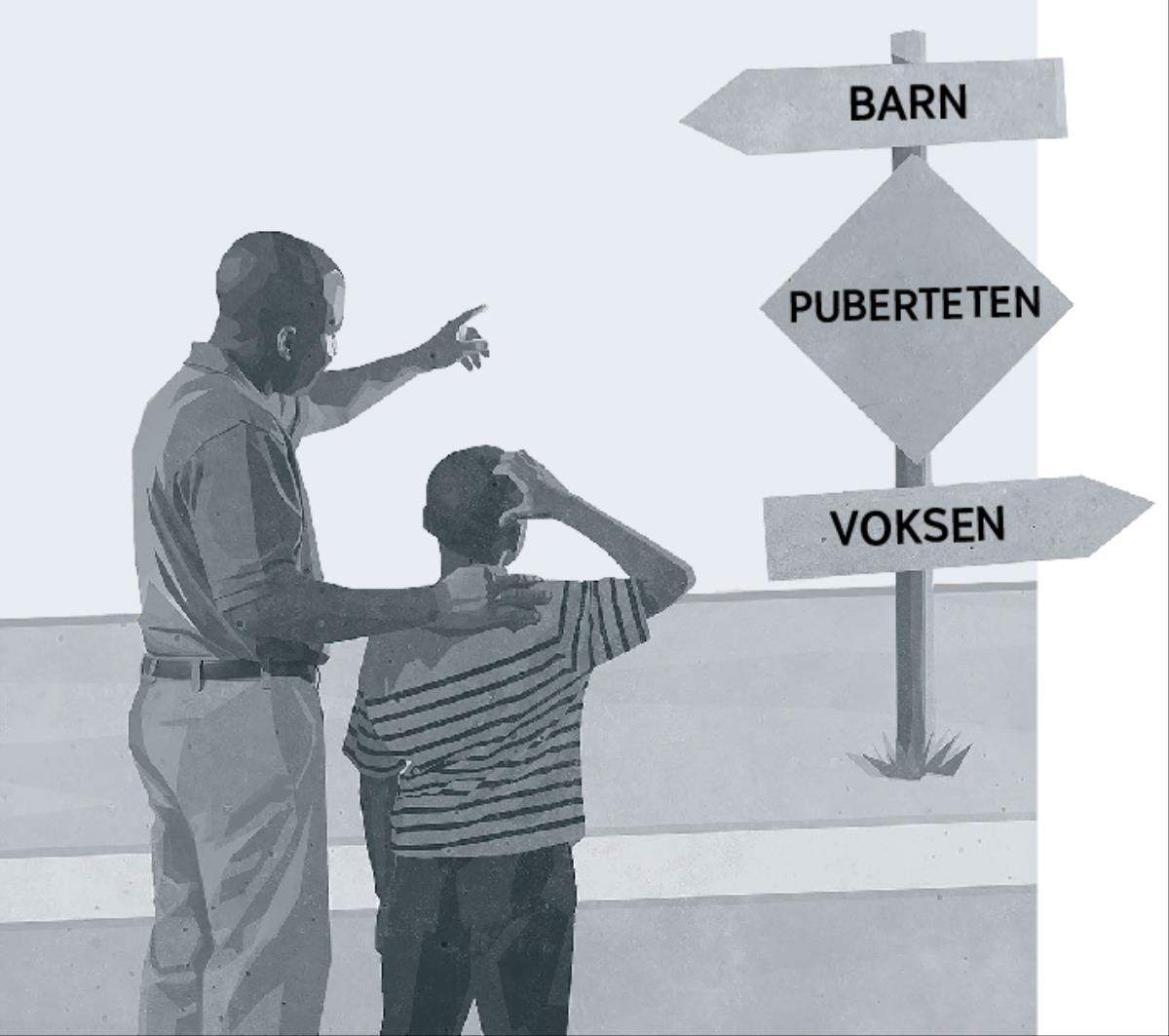 En far og søn kigger på et skilt der viser puberteten på vejen fra barndommen til voksenlivet