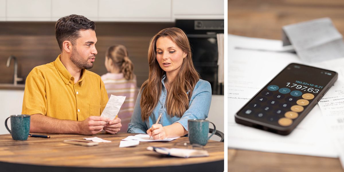 Billeder: 1. Et forældrepar taler om deres økonomi ved spisebordet mens deres datter står bagved i køkkenet. 2. En telefon hvor lommeregneren er åben, ligger oven på nogle regninger og kvitteringer.