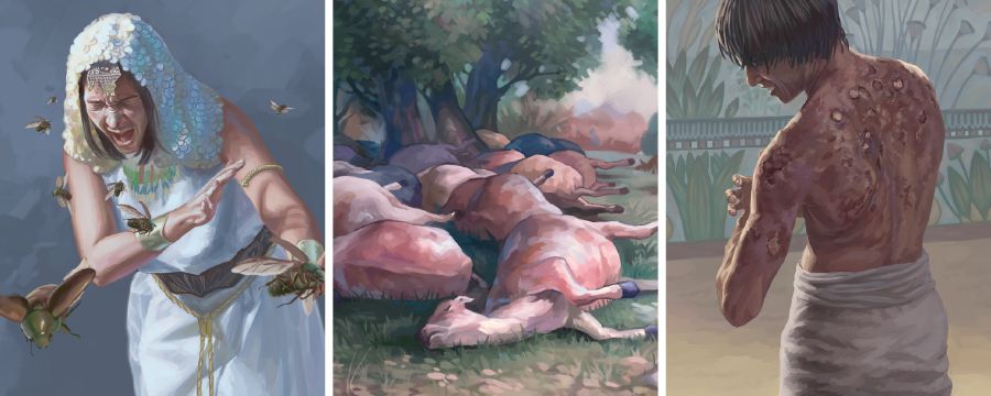 Den 4. til 6. plage over Egypten: stikfluer, dyrene dør, bylder
