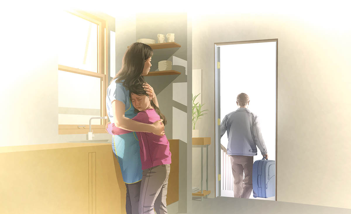 En mor der er helt knust, ser sin mand forlade hende og gå ud af huset. Deres datter, som er meget ked af det, krammer sin mor.