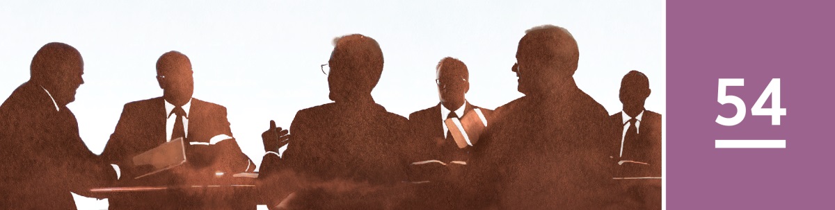 Lektion 54. Medlemmer af Jehovas Vidners Styrende Råd holder et møde.