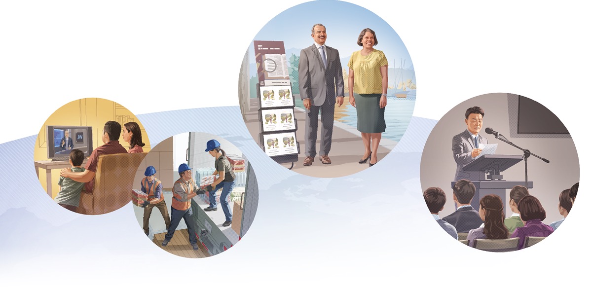 Collage: Jehovas Vidner i hele verden modtager vejledning fra Det Styrende Råd og følger den. 1. En familie ser et program på JW Broadcasting. 2. Frivillige Jehovas Vidner fylder en lastbil med nødhjælpsforsyninger. 3. To Jehovas Vidner forkynder ved hjælp af en litteraturvogn. 4. En ældste læser et brev op ved et af menighedens møder.