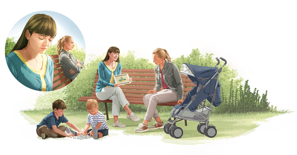 Collage: En kvindelig bibelstudieelev forkynder for en kvinde på en bænk i en park. 1. Bibelstudieeleven beder. 2. Hun fortæller kvinden om noget fra Bibelen.