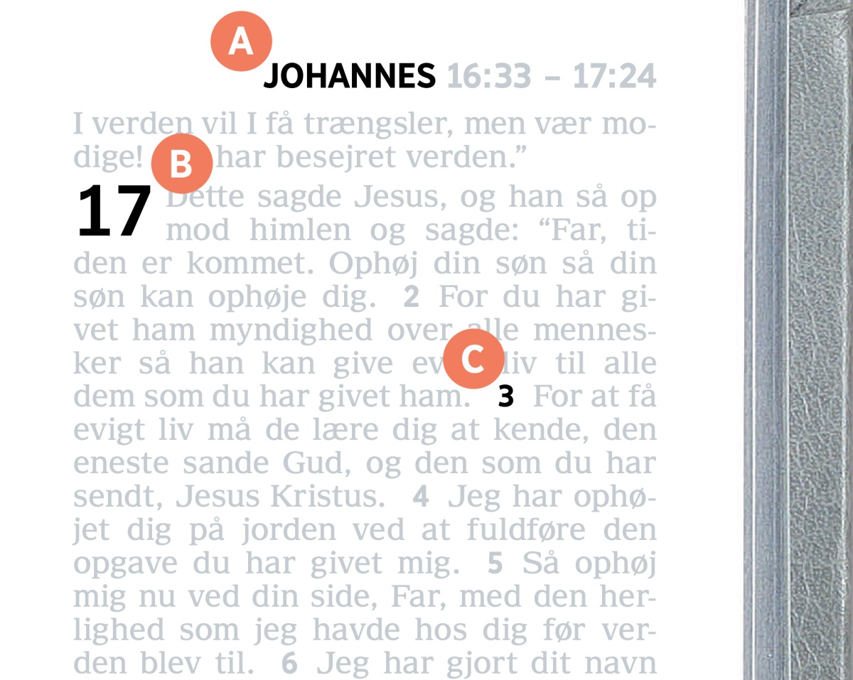 Mærkater der viser hvor A, B og C er på en side i Bibelen.