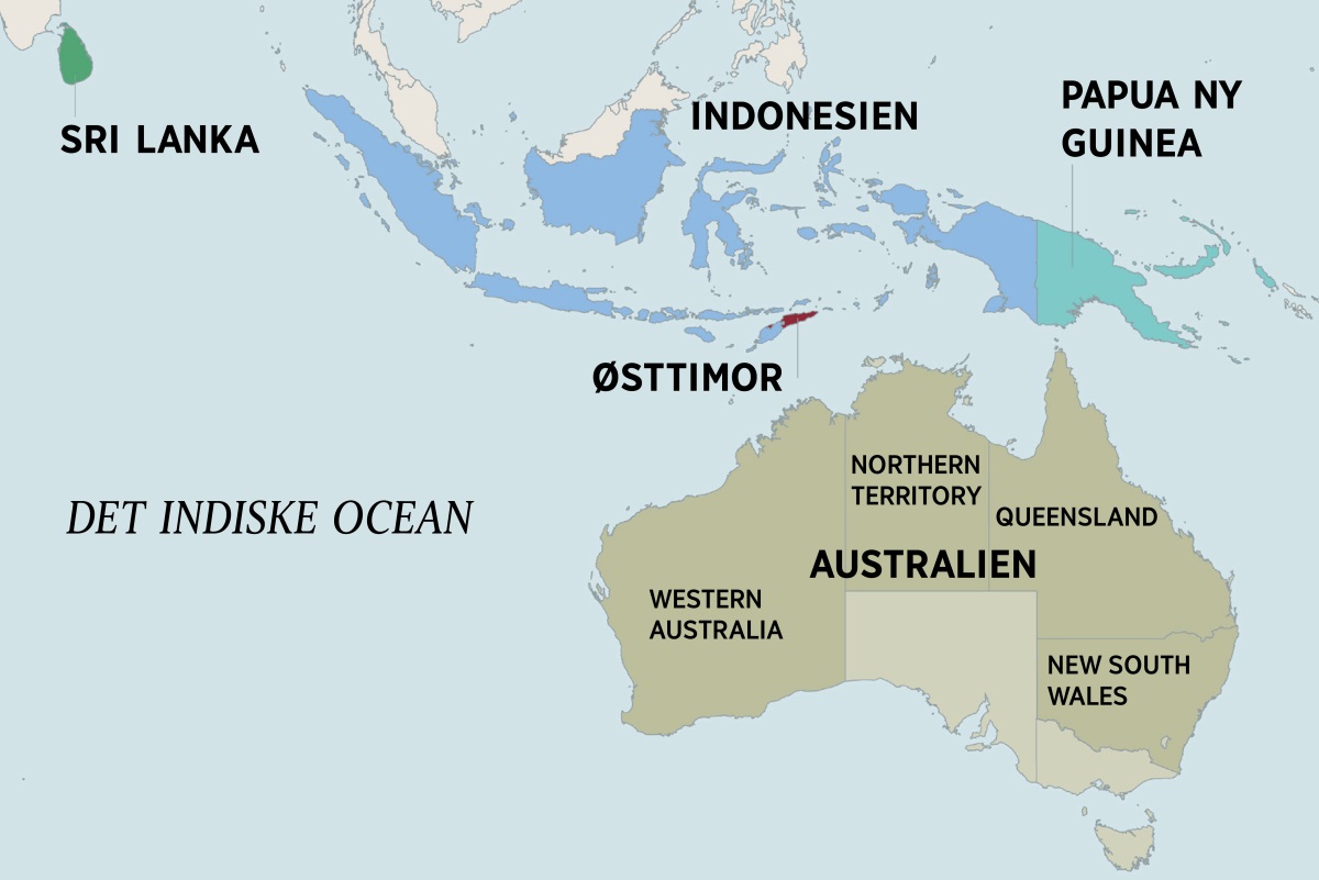 Et kort over Australien og omkringliggende lande, derunder Sri Lanka, Indonesien, Papua Ny Guinea og Østtimor. Kortet over Australien viser Northern Territory og staterne Western Australia, Queensland og New South Wales.