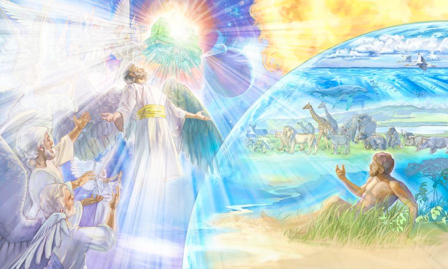 Fra sin trone i himlen betragter Jehova sine åndeskabninger og sine jordiske skabninger