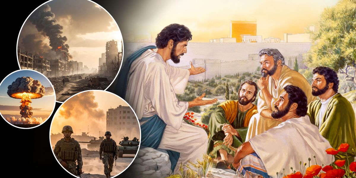 Collage: Jesus taler med sine disciple om den tid vi lever på. Små billeder viser krigsscener: en gade med højhuse der er brændt ned, en paddehattesky forårsaget af en atombombe og bevæbnede soldater der patruljerer i gaderne, hvor der også er tanks.