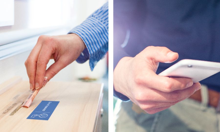 En person lægger et bidrag i en bidragsbøsse; en person giver et bidrag elektronisk