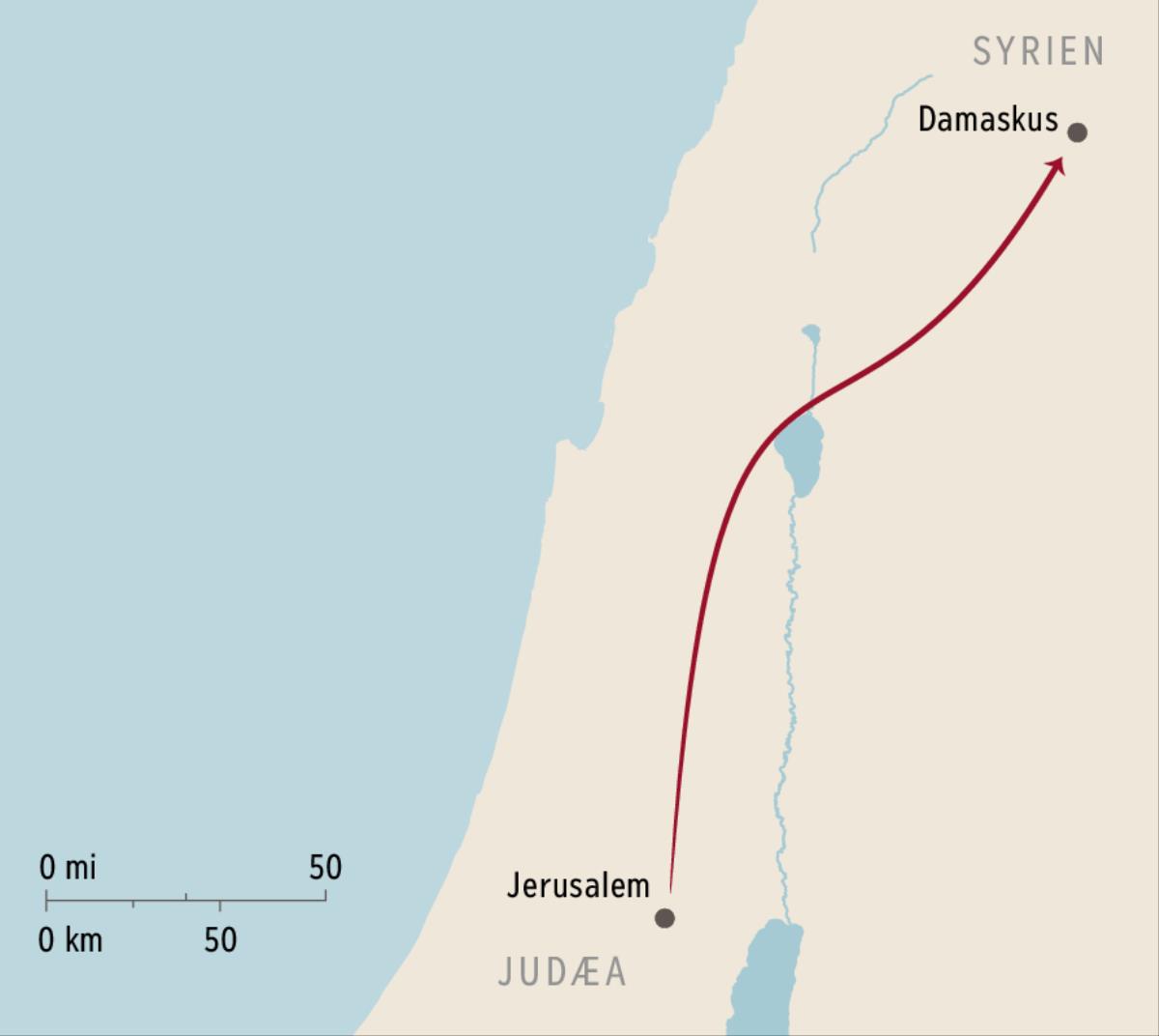 Et kort der viser Damaskus og Jerusalem