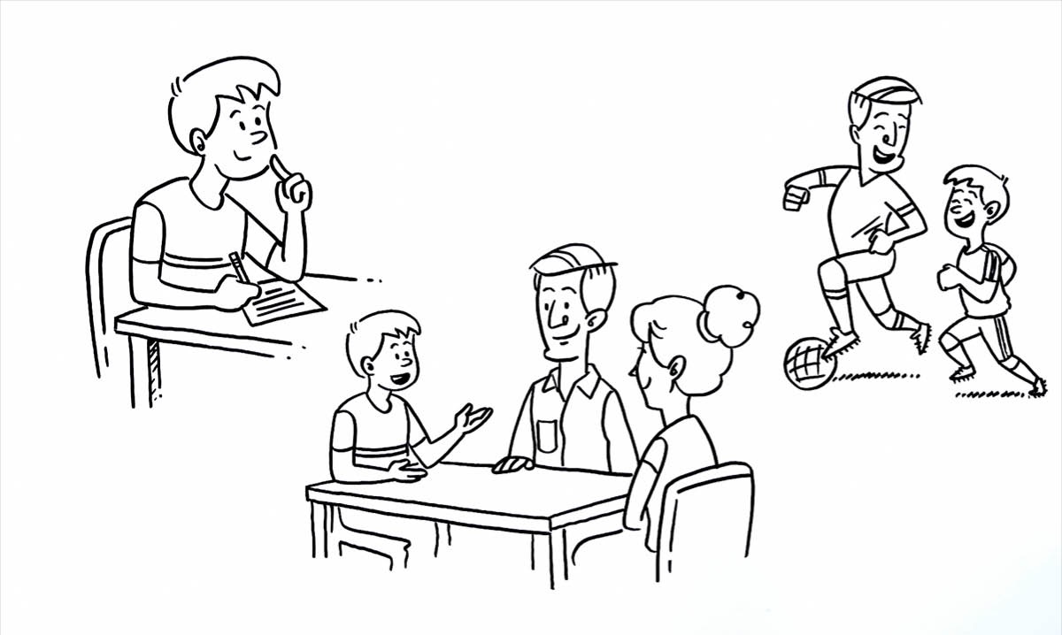 En dreng skriver et brev til sine forældre, taler med sine forældre og spiller fodbold med sin far