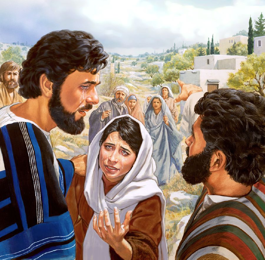 Jesus trøster Maria foran en gruppe mennesker