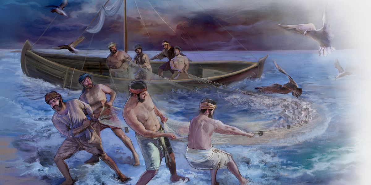 Jesus’ disciple trækker et net fyldt med fisk op på land