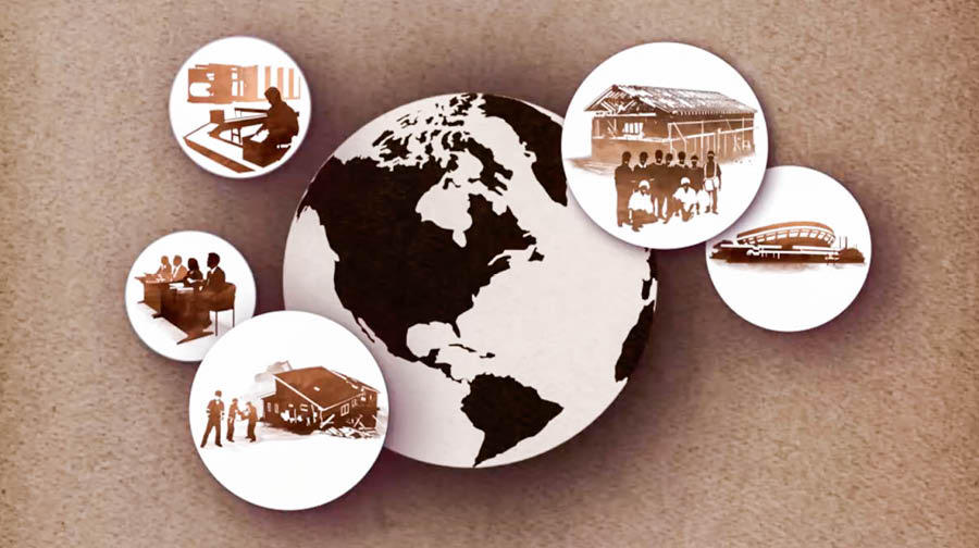 Et billede fra videoen “At fylde sin hånd med ‘gaver til Jehova’”. Collage: Bidrag støtter Rigets arbejde på hele jorden. 1. Arbejdet på Betel. 2. Teokratiske skoler. 3. Nødhjælpsarbejdet. 4. Teokratiske byggerier. 5. Stævner.