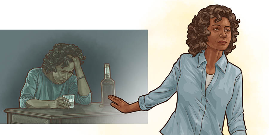 En kvinde afviser beslutsomt og går væk fra sin gamle livsstil hvor hun drak for meget.