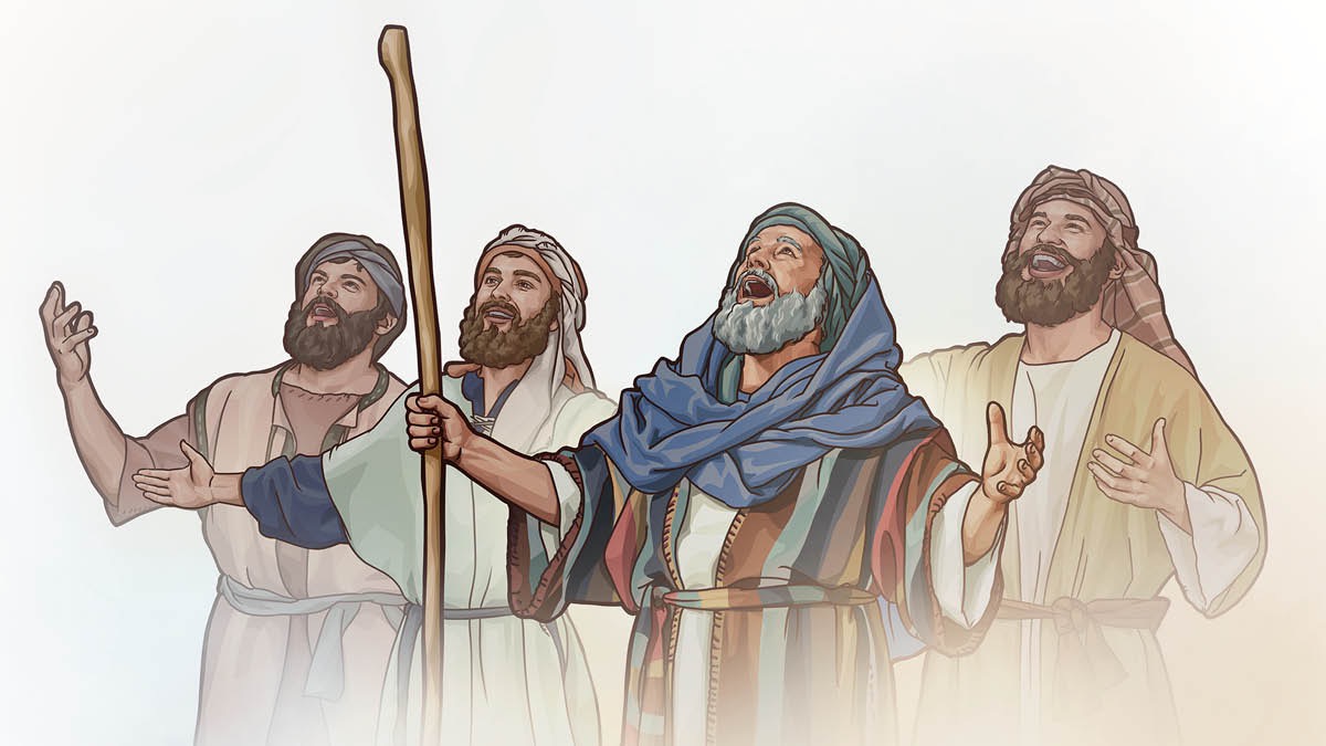 Moses og en gruppe israelitter synger en sejrssang for Jehova.