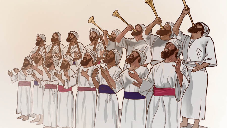 Levitter blæser i trompet og synger for Jehova som en del af deres tilbedelse.