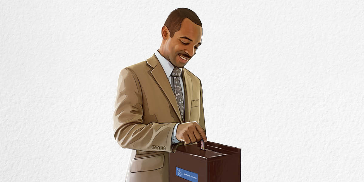 En bror lægger et bidrag i bidragsbøssen.