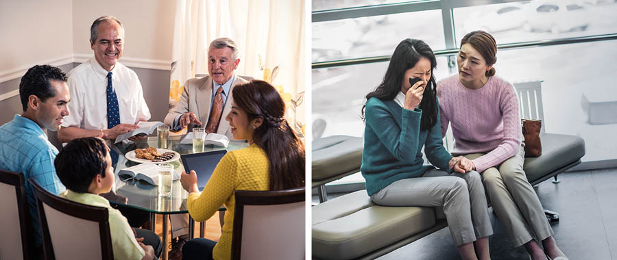 Collage: Jehovas Vidner der efterligner Jehovas egenskaber. 1. To ældste besøger en familie og deler nogle opmuntrende tanker med dem ud fra Bibelen. 2. En søster trøster en anden søster der græder.