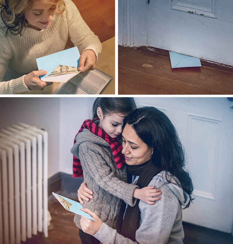 Billeder: Jehova dækker sine tjeneres fysiske behov. 1. En søster lægger penge i en kuvert. 2. Kuverten er skubbet ind under en dør. 3. En enlig mor krammer sin datter mens hun ser på pengene i kuverten.