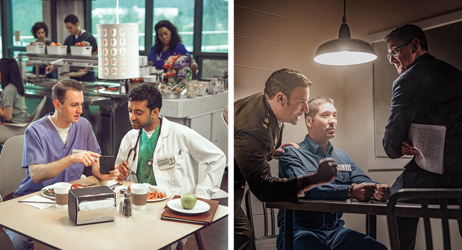 Billede 1: En bror forkynder for en kollega i frokostpausen. Billede 2: En bror forbliver loyal under et politiforhør.