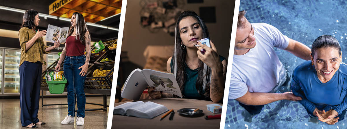 Collage: 1. En søster forærer brochuren “Et håb om en lys fremtid” til en ung kvinde i et supermarked. 2. Kvinden overvejer om hun skal stoppe med at ryge mens hun læser bogen “Et håb om en lys fremtid”. 3. Hun bliver døbt.