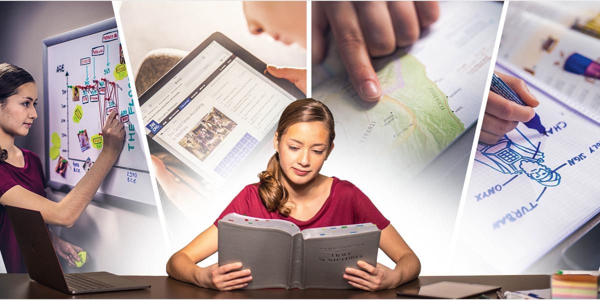 Billeder: En ung søster læser og studerer Bibelen. 1. Hun laver en tidslinje over bibelske personer på et whiteboard. 2. Hun læser i studieudgaven af “Ny Verden-Oversættelsen” på jw.org. 3. Hun kigger på et kort over Bibelens lande. 4. Hun tegner et billede af ypperstepræsten og hans klædning.