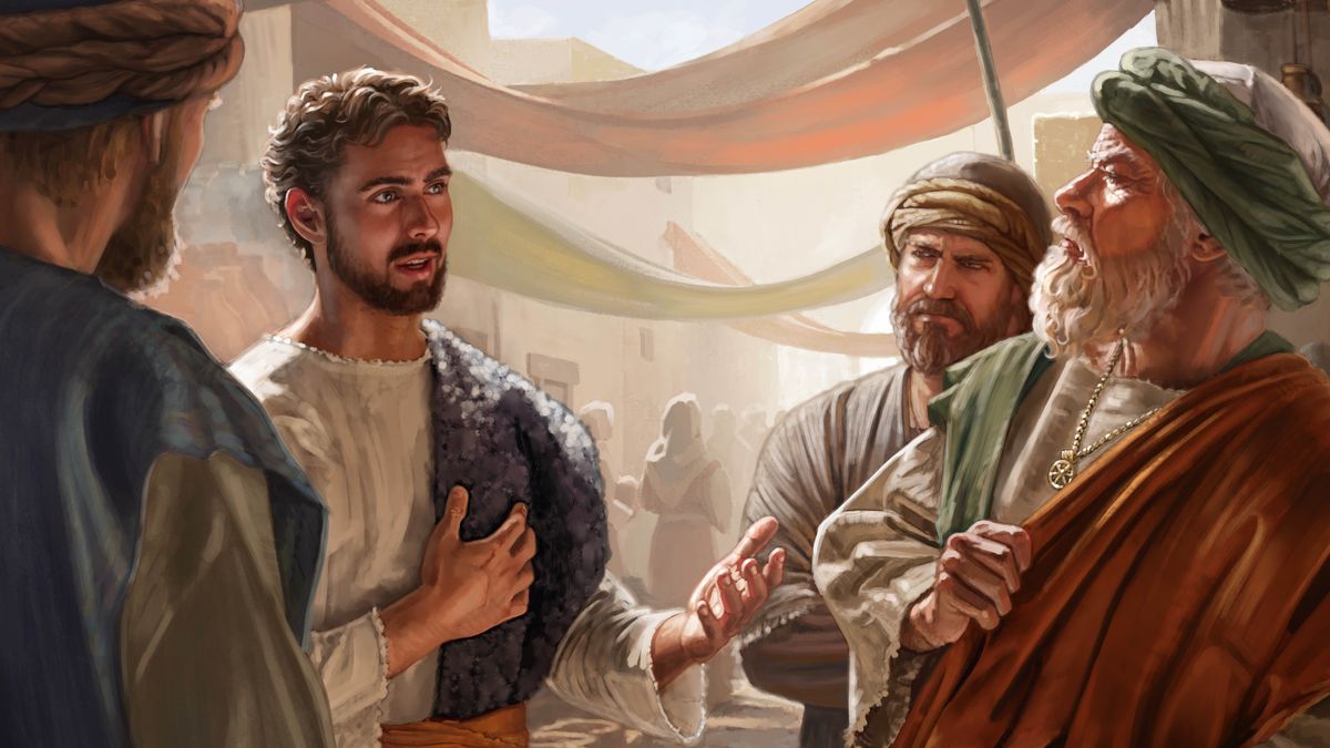 Jeremias er på en markedsplads hvor han forkynder Jehovas domsbudskab for dem der tilbad falske guder.