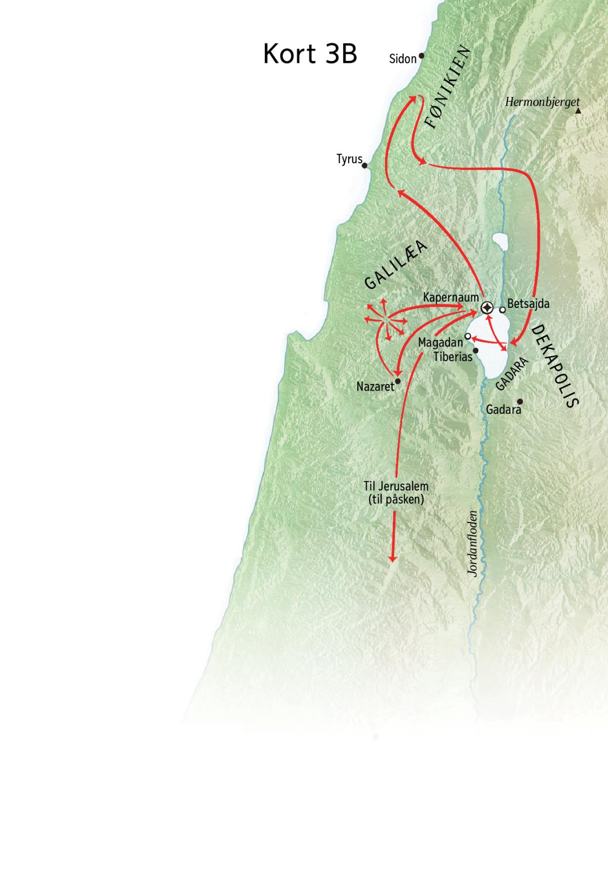 Kort over steder der havde relation til Jesus’ tjeneste i området omkring Galilæa, Fønikien og Dekapolis