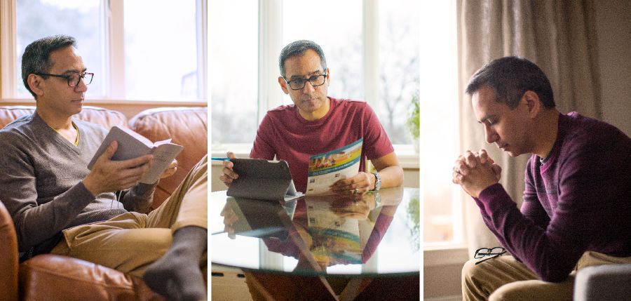 En bror læser i Bibelen, studerer en af vores bibelske publikationer og beder