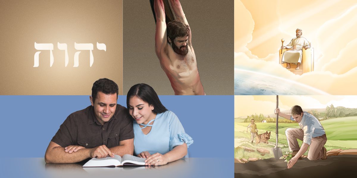 Et par læser sammen i Bibelen og mediterer over Jehovas navn, løsesummen, det messianske rige og livet i Paradiset