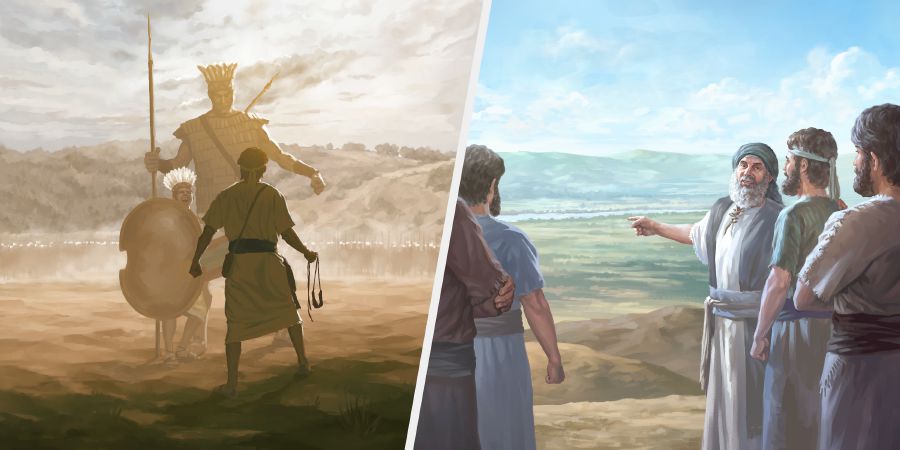 David møder Goliat i kamp; Josva og hans mænd gør klar til at gå ind i det lovede land