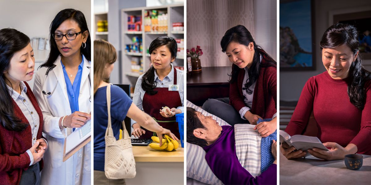 En søster taler med en læge, er på arbejde, tager sig af et aldrende familiemedlem og læser i Bibelen