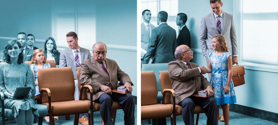 En far tilskynder sin datter til at hilse på en bror der sidder helt alene