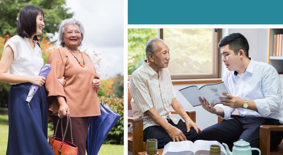 En ung søster følges med en ældre søster i forkyndelsen; en ung bror læser dagsteksten for en ældre bror