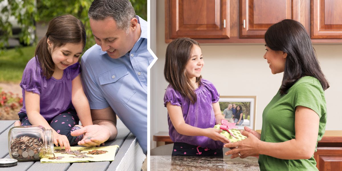 En lille pige tæller sine penge sammen med sin far for at købe en gave til sin mor