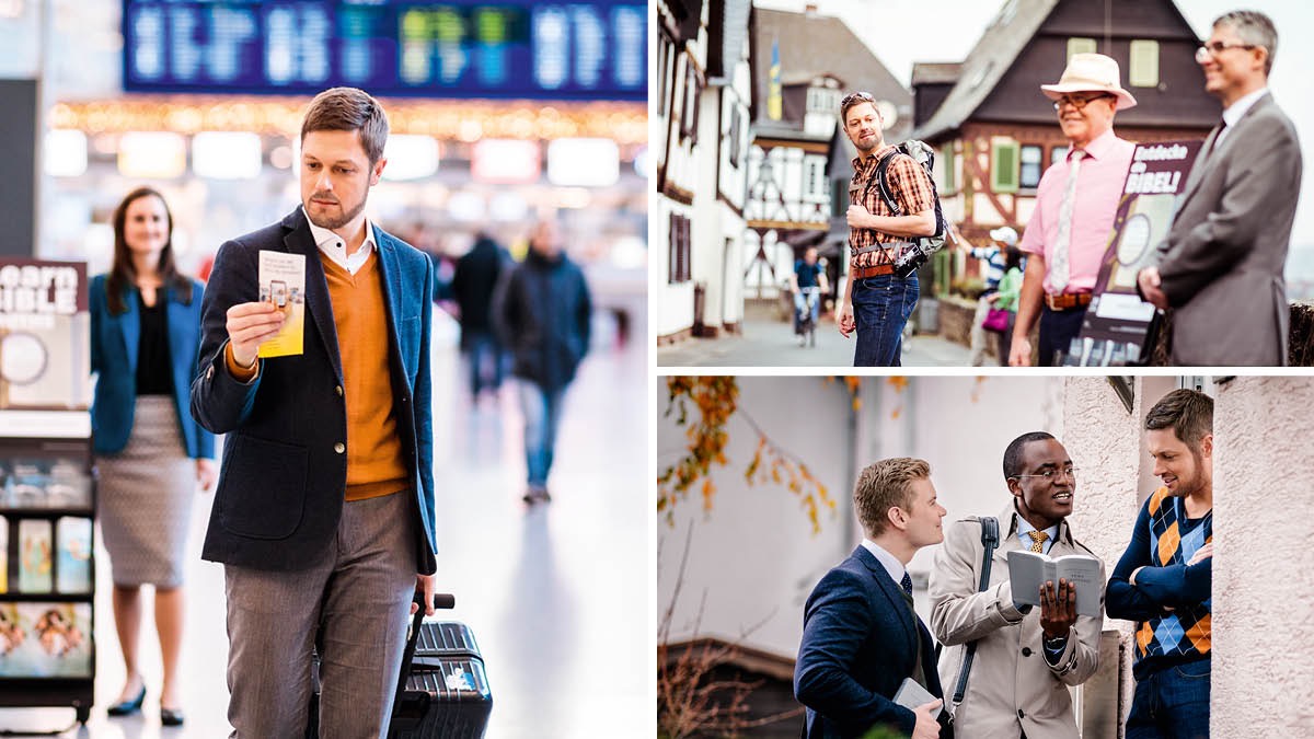 En mand får noget litteratur fra Jehovas Vidner ved en stand i en lufthavn. Mens han er på ferie, ser han nogle andre Jehovas Vidner i offentlig forkyndelse. Da han er kommet hjem, lytter han til nogle forkyndere der besøger ham fra hus til hus.