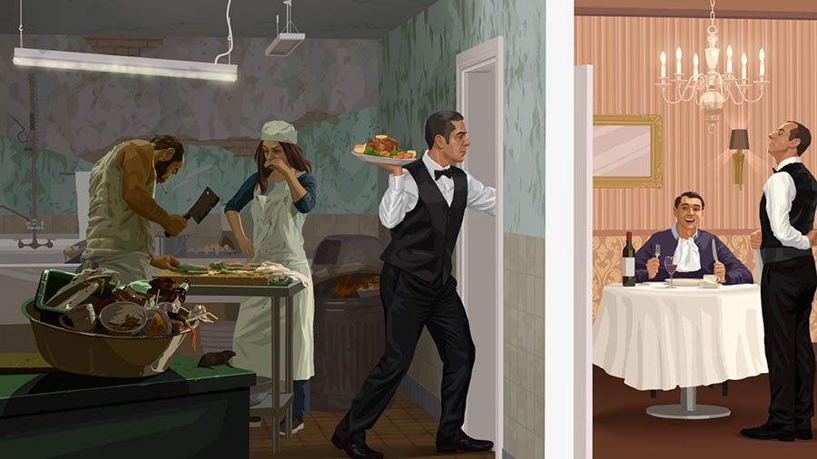 En tjener bærer inficeret mad ud fra et uhygiejnisk køkken; en mand spiser med glæde den inficerede mad tjeneren har serveret 