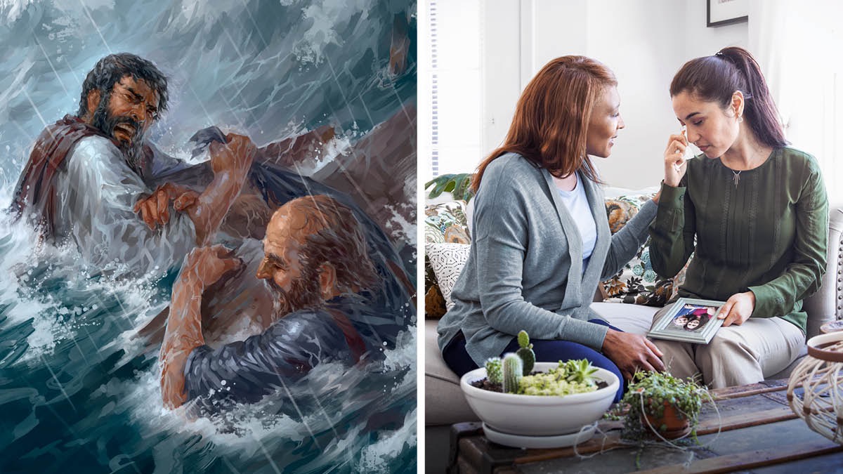 Collage: Loyale venner trøster andre. 1. Aristark og apostlen Paulus midt i et oprørt hav hvor de holder fast i nogle planker. Aristark har grebet fat i Paulus’ tøj for at han ikke skal blive revet med af bølgerne. 2. En søster trøster en yngre søster der græder mens hun sidder med et billede af sine afdøde forældre.