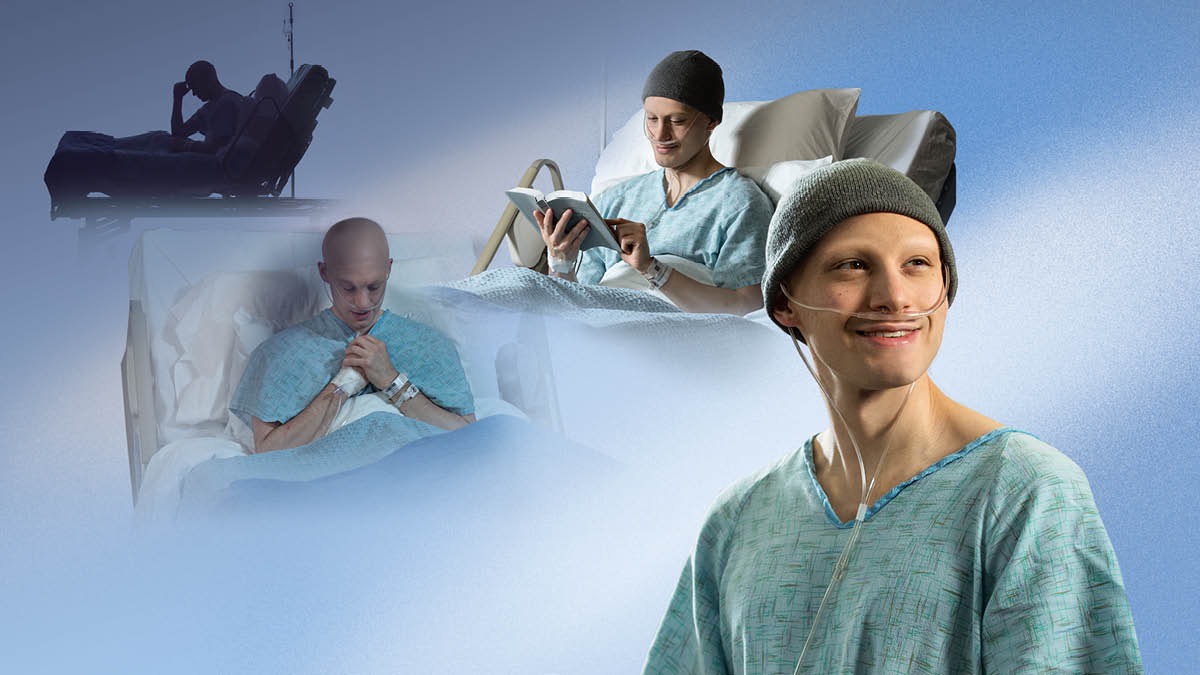 Collage: En bror kæmper med negative følelser på grund af sygdom. 1. Han sidder i en hospitalsseng og gnider bekymret sin pande. 2. Han beder til Jehova. 3. Han læser i Bibelen. 4. Han smiler.