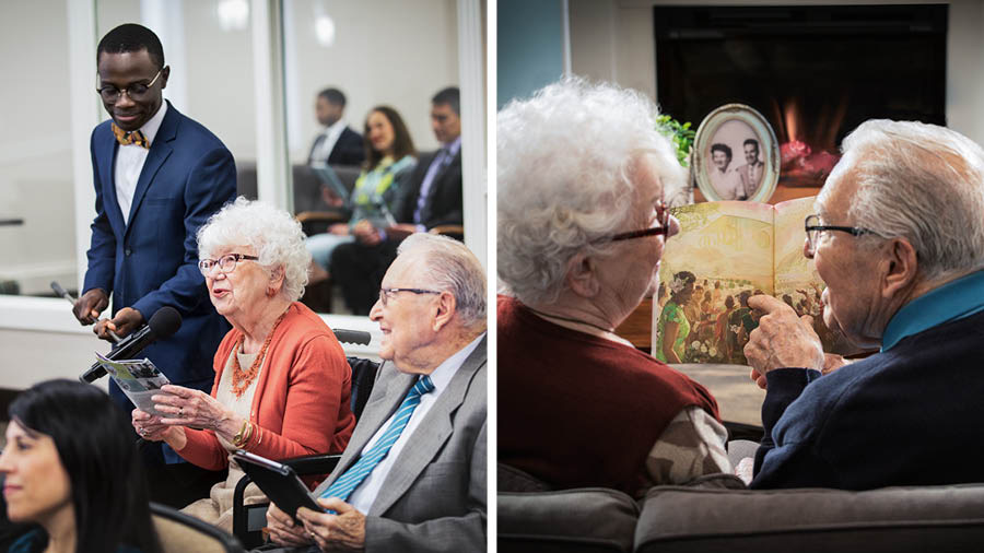 Collage: Et ældre ægtepar tjener Jehova trofast på trods af udfordringer. 1. Parret er til møde i rigssalen. Manden betragter glad sin hustru mens hun giver en kommentar ved Vagttårnsstudiet. 2. Derhjemme sidder parret i en sofa og kigger på et paradisbillede i en af vores publikationer. I baggrunden ses et indrammet billede af dem fra deres ungdom.