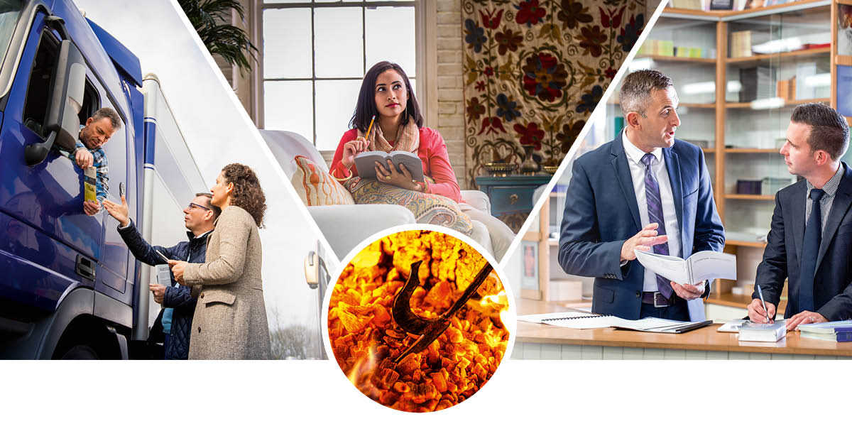 Der rodes op i nogle glødende kul med en ildrager. Collage: Kristne der lægger hele hjertet i deres tjeneste: 1. Et ægtepar forkynder for en mand i en lastbil. 2. En søster tænker over det hun læser i Bibelen. 3. En ældste oplærer en yngre bror ved litteraturbordet i rigssalen.