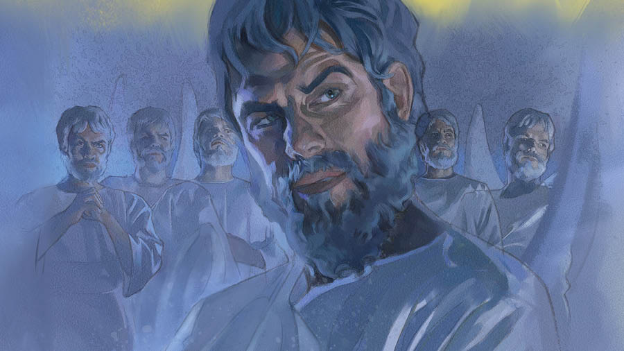 Satan omgivet af andre onde engle i himlen.