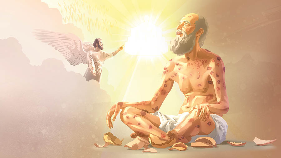 Satan står foran Jehova i himlen og taler dårligt om Job. Job sidder på jorden med bylder over hele kroppen.