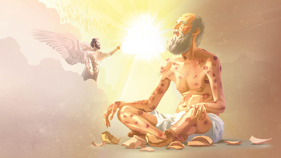 Satan står foran Jehova i himlen og taler dårligt om Job. Job sidder på jorden med bylder over hele kroppen.
