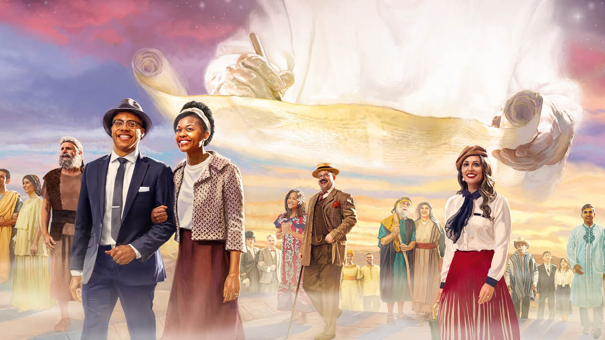 Collage: 1. Jehova skriver i en skriftrulle. 2. Glade mennesker med forskellig baggrund og fra forskellige tidsperioder kommer gående sammen.