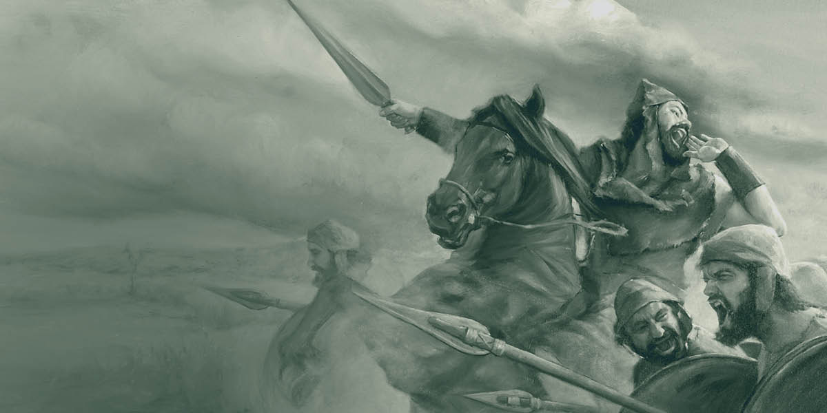 Kong Asa rider på en hest og fører sine soldater ud i krig.