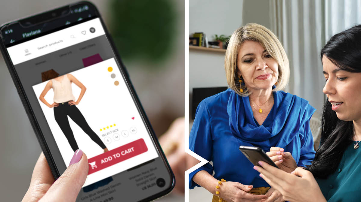 Collage: 1. En yngre søster shopper online. Hun kigger på en nedringet bluse og et par tætsiddende bukser. 2. Den yngre søster viser en moden søster de ting hun gerne vil købe.